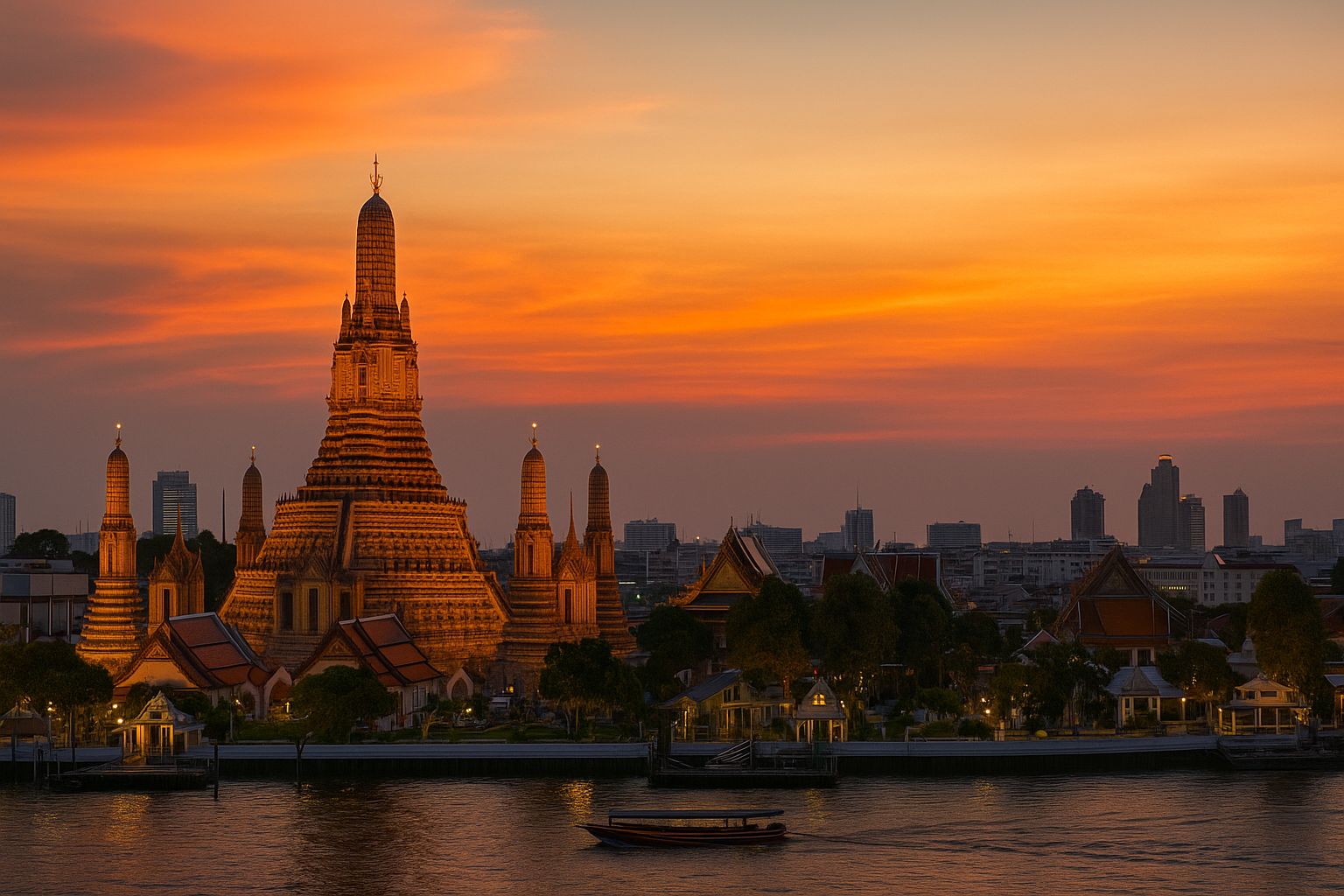 Bangkok skyline and river at sunset.
