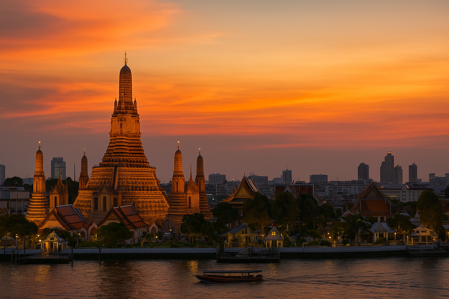 Bangkok skyline and river at sunset.