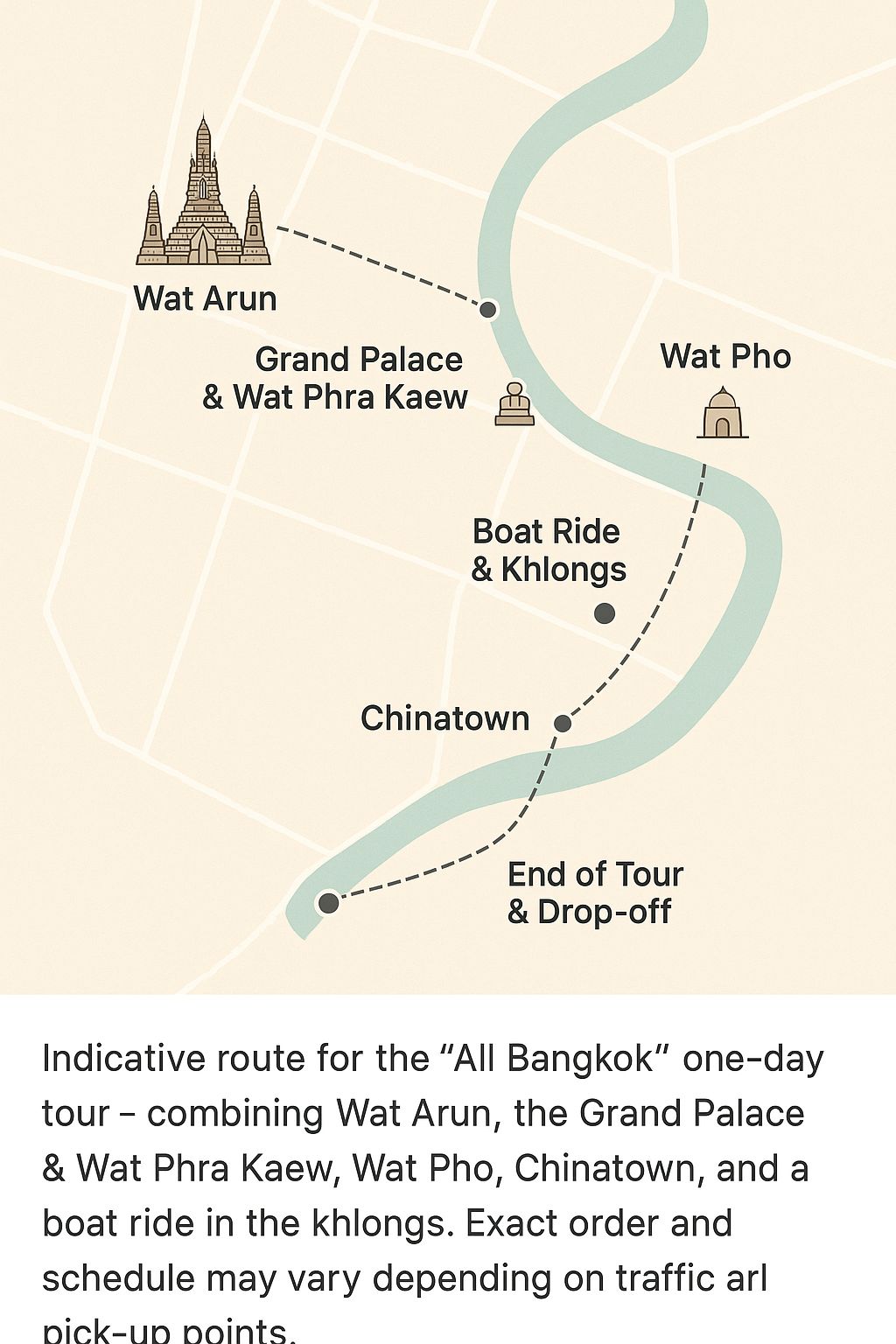 Indicative route for the All of Bangkok extended one-day tour.