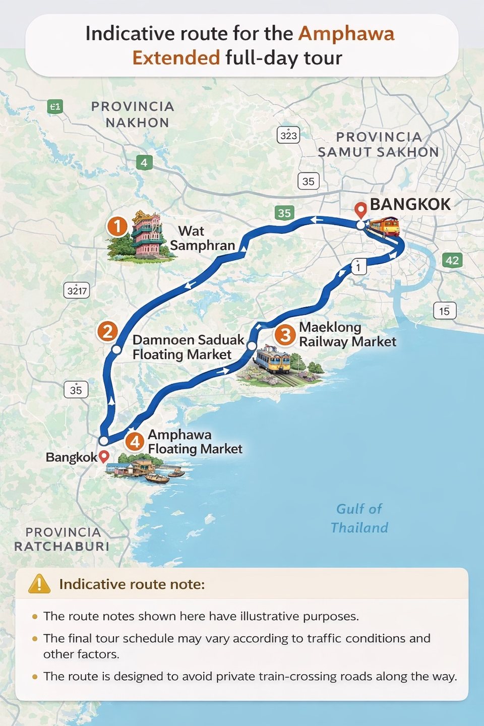 Indicative route for the Amphawa Extended full-day tour.