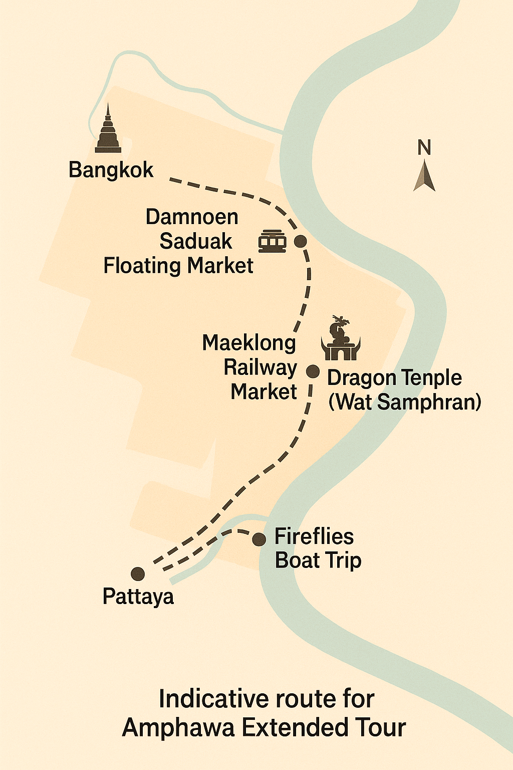 Indicatieve route van de Amphawa Extended dagexcursie.