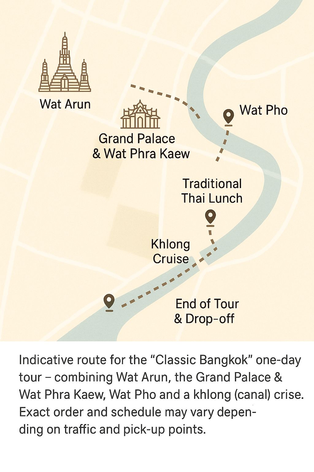 Indicative route for the Classic Bangkok one-day tour.