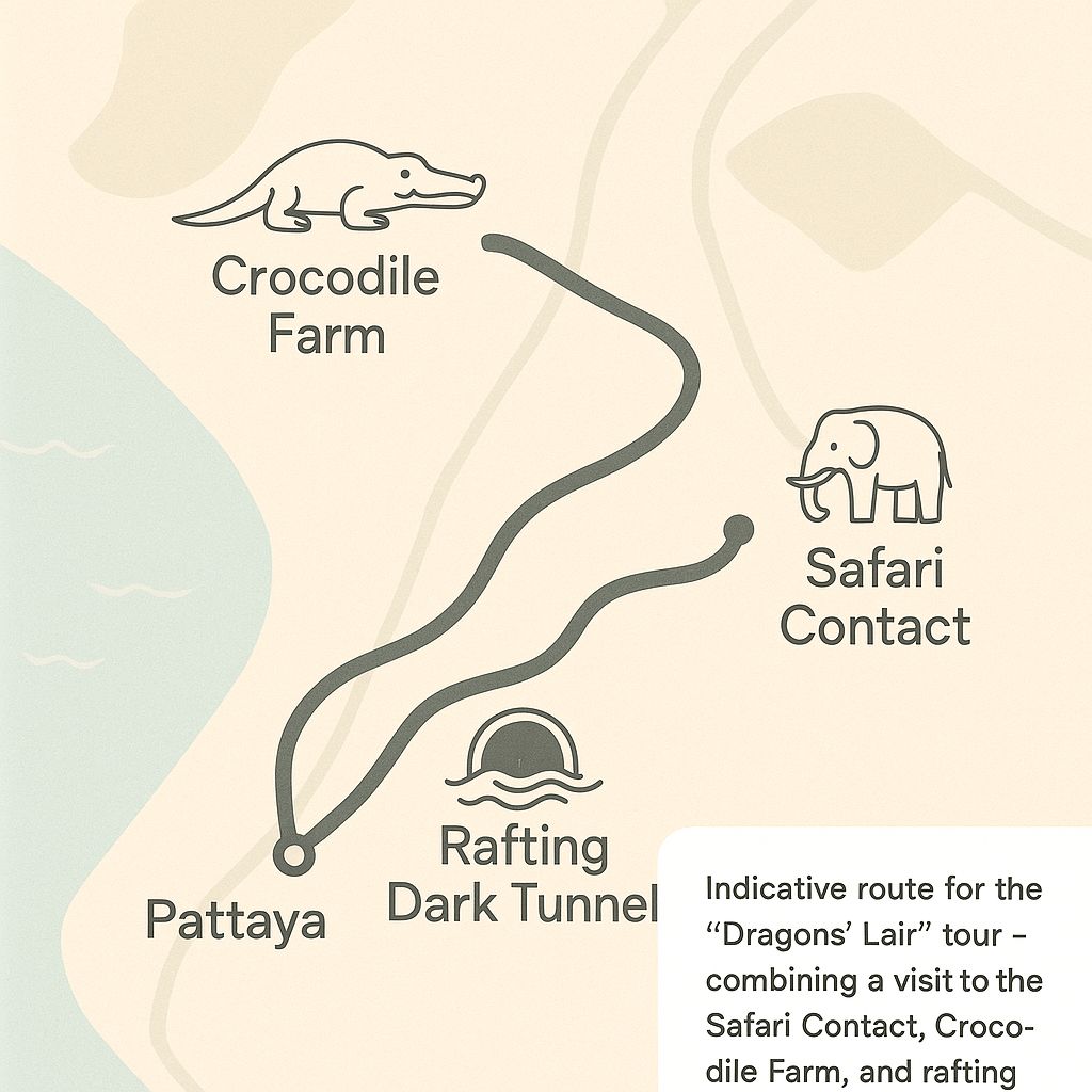 Indicative route for the Dragon’s Lair full-day tour from Pattaya.