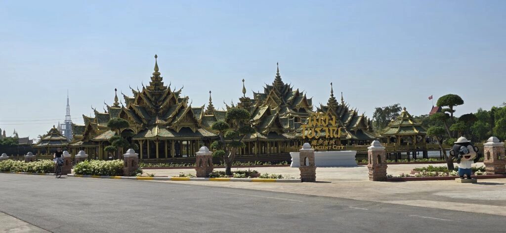 Ancient Siam open-air museum at sunset.