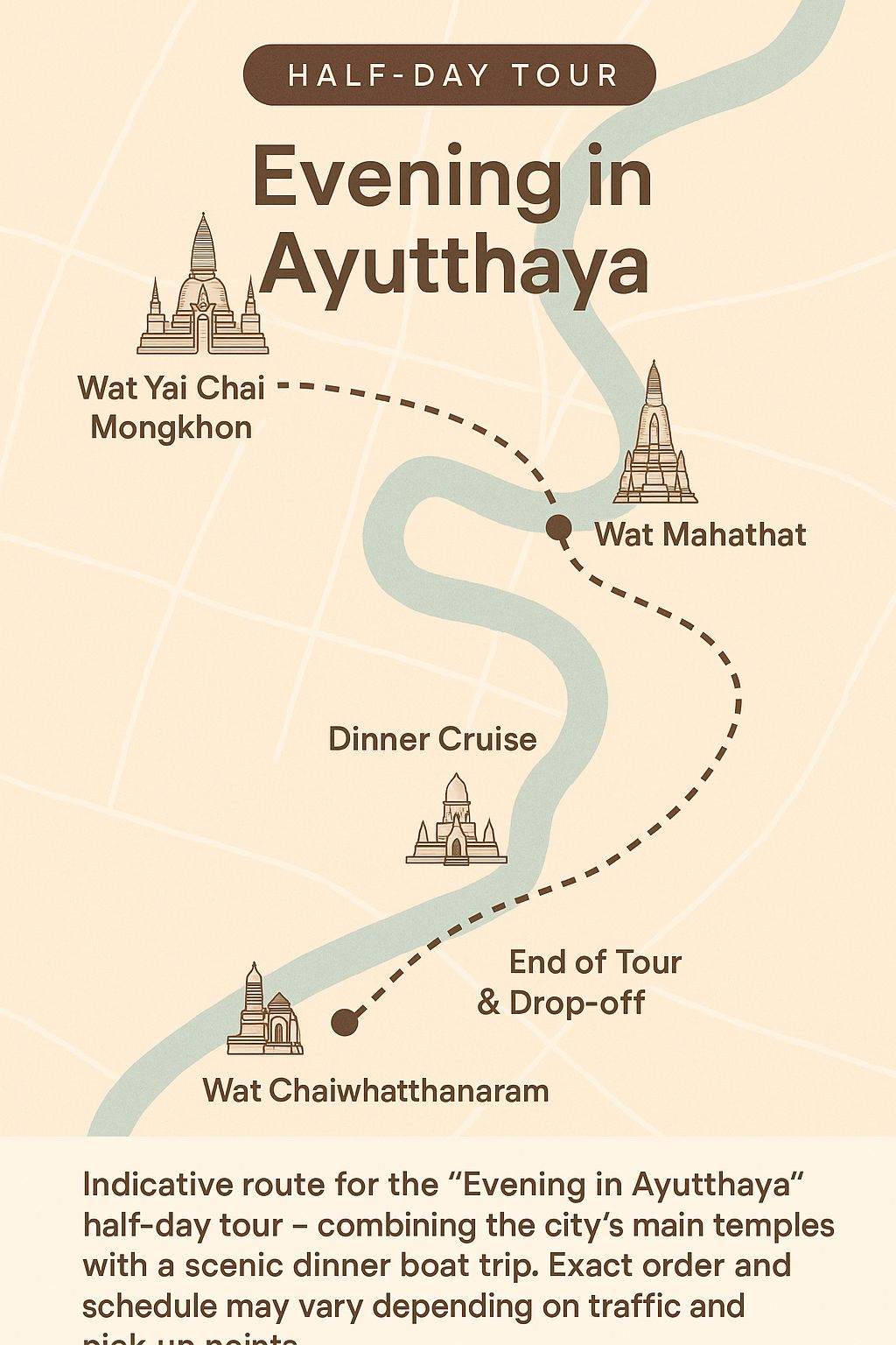 Indicative route for the Evening in Ayutthaya half-day tour.