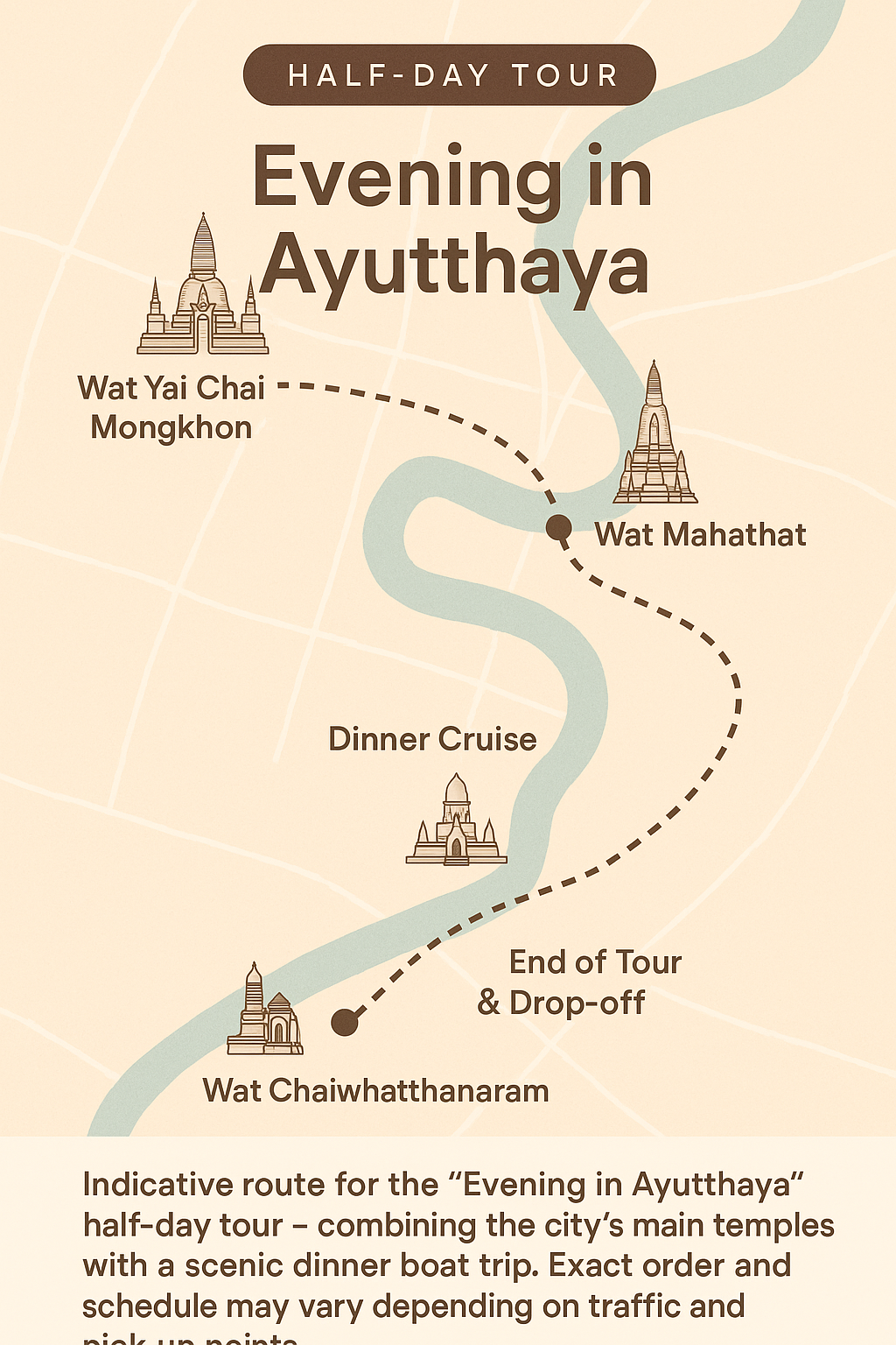Ungefähre Route der Halbtags-Tour „Abend in Ayutthaya“.