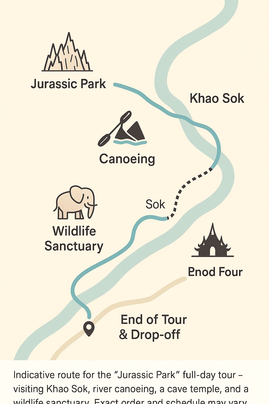 Indicative route for the Jurassic Park full-day tour from Phuket / Khao Lak.