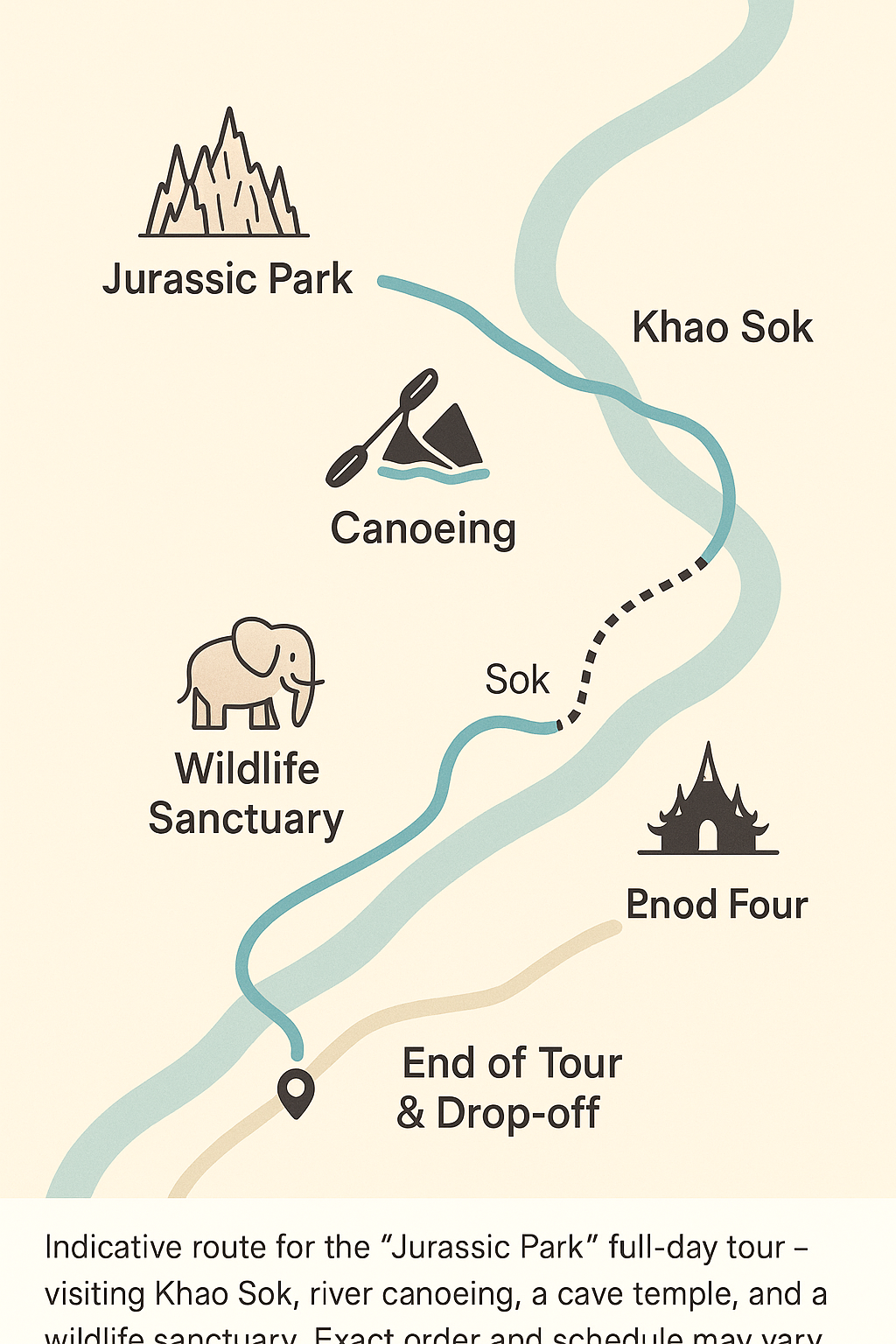 Indicatieve route van de Jurassic Park dagexcursie vanuit Phuket / Khao Lak.
