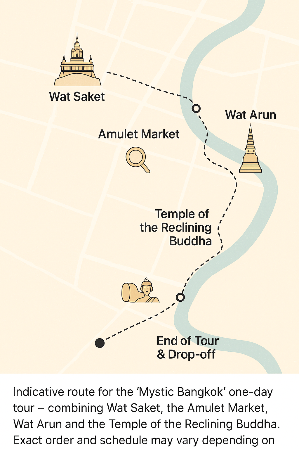 Traseu orientativ pentru turul Bangkok mistic de o zi.