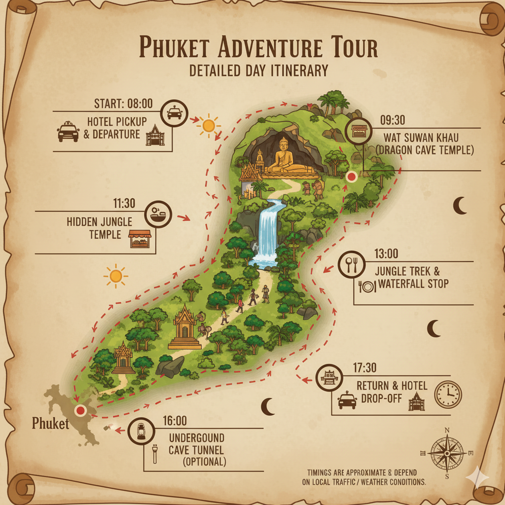 Illustratieve kaart van de dagroute van de Phuket Adventure Tour met iconen en tijden voor elke stop.