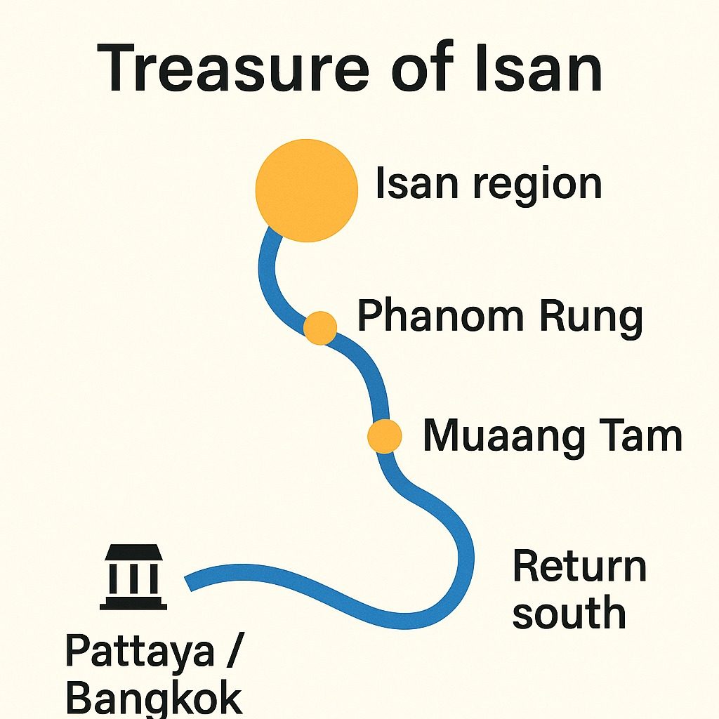 Schematic map of the Treasure of Isan tour route