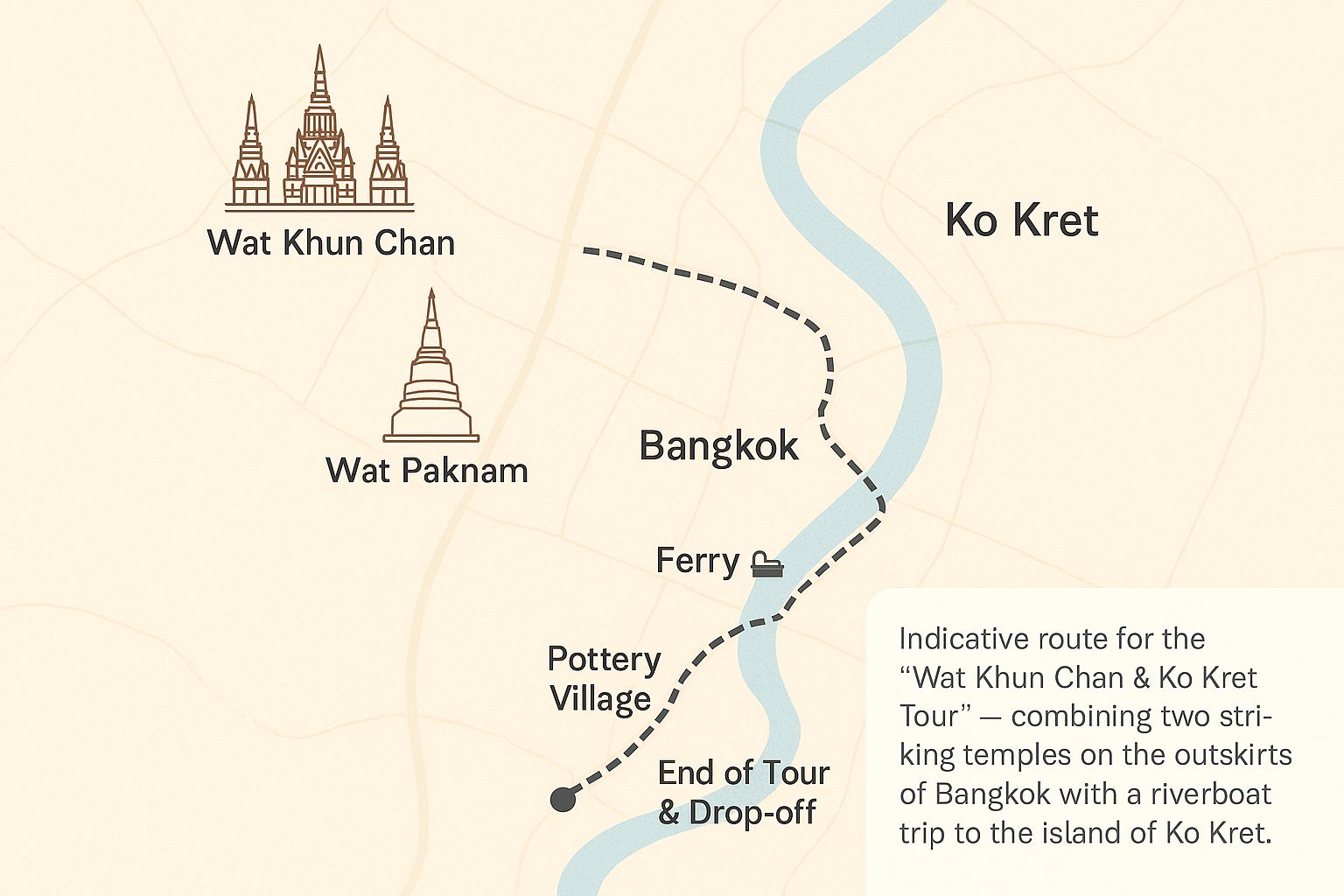 Indicative route for the Wat Khun Chan & Ko Kret half‑day tour from Bangkok.
