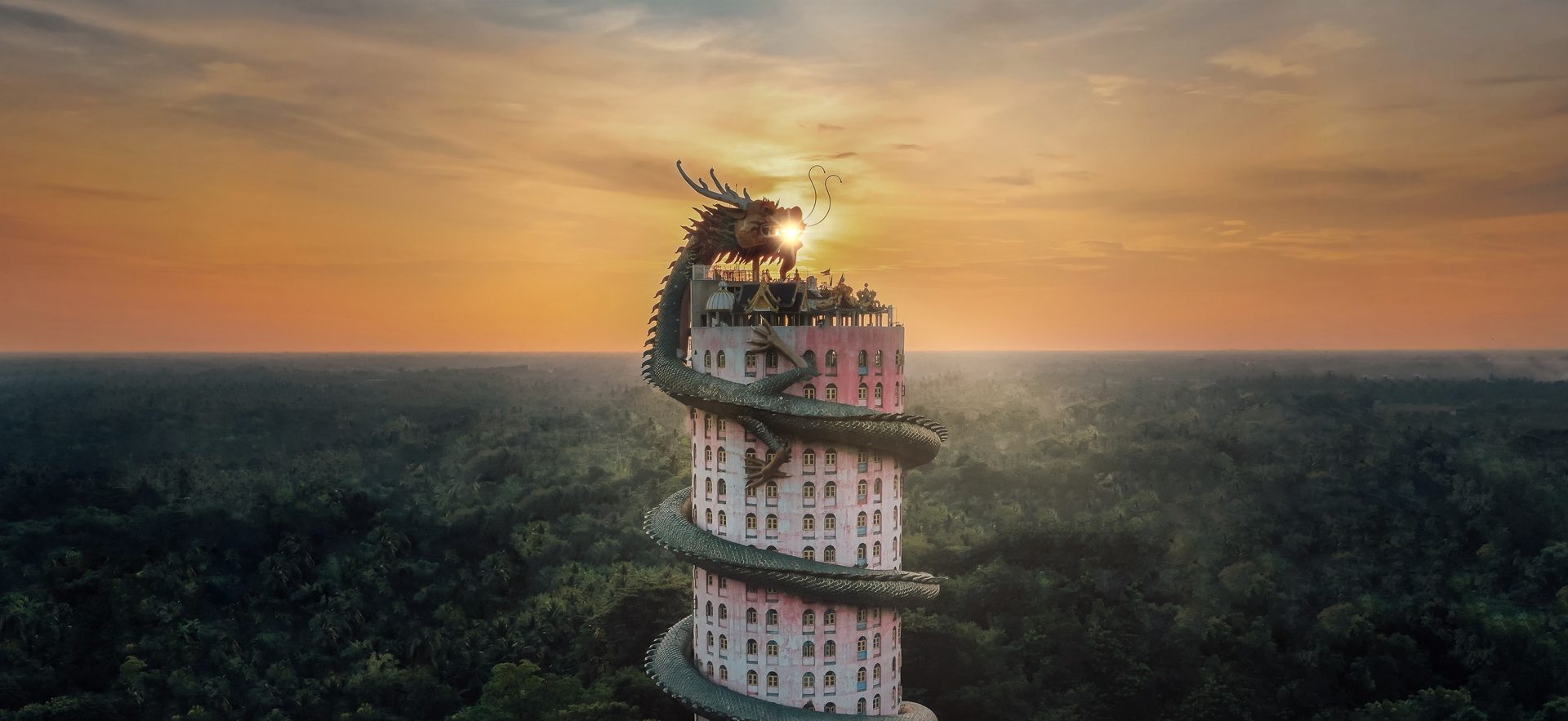 De Draaktempel (Wat Samphran) met zijn roze toren en enorme draak.